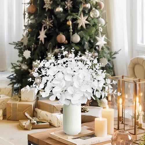 14PCS White Eucalyptus Artificial Faux Flowers for Decoration - Fake Silk Stems in Vase Christmas Holiday Winter Wedding Home Decor