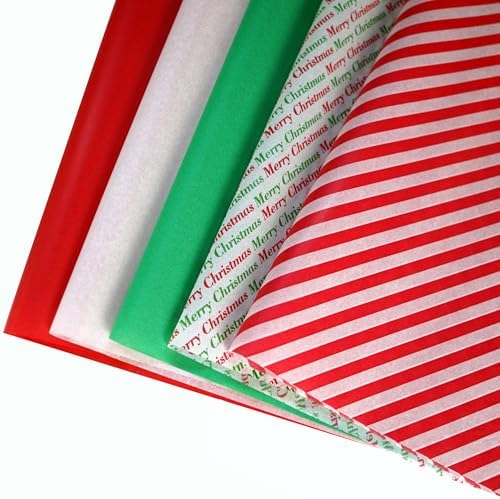 Bobobag 150 Sheets 20"X14" Christmas Tissue Paper for Gift Bags Party Decoration, Red, Green, White, Red Diagonal, Merry Christmas Wrapping Paper