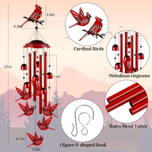 YHmall Cardinal Wind Chimes for Outside, Cardinal Gifts for Women Soothing Tones Memorial Wind Chime for Garden, Yard, Patio Decor, 35" Windchimes Outdoors for Christmas, New Year