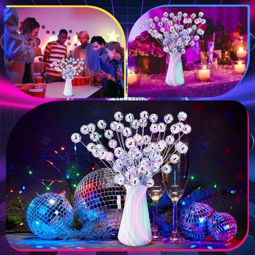 12 Pcs Disco Ball Ornaments Silver Christmas Ornaments Disco Balls Party Decorations Glitter Mini Flower Picks Sticks Bulk 14 Inch Sticks Planter Vases Glitter Stems for Crafts Decor
