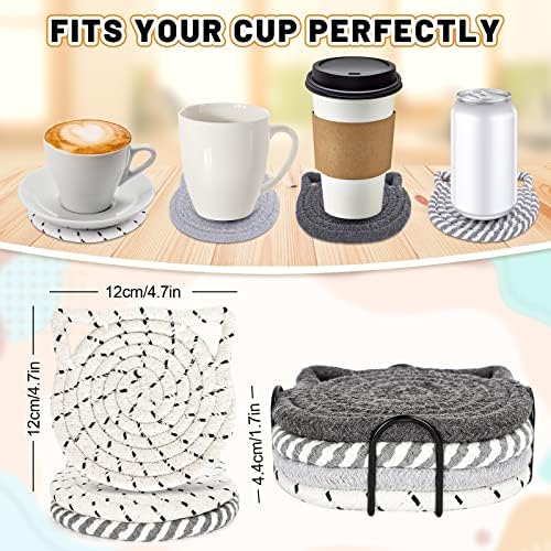 Whaline Christmas Cat Ears Coaster Set Cat Ear Shape Handmade Braided Cotton Coasters White Grey Non-Slip Absorbent Drink Coaster with Holder for Winter Birthday Housewarming Gifts Home Decor, 4Pcs
