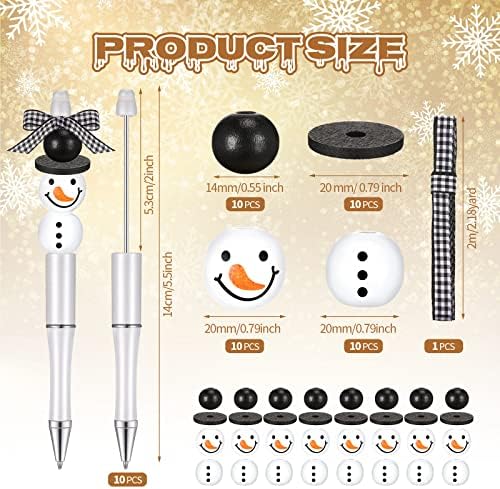 Beadable Pens Bulk Winter Bead Pens and Snowmen Wooden Beads Buffalo Plaid Ribbon Snowman Ballpoint Pens Plastic Black Ink Pen Winter Gifts for Christmas Kids Students School Office Supplies (51 Pcs)