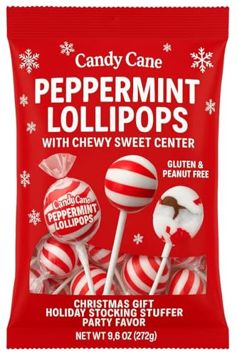 Candy Cane Peppermint Lollipop with Chewy Sweet Center - Gluten & Peanut Free - Christmas Gift Holiday Stocking Stuffer Party Favor (1 Bag 9.6 oz)