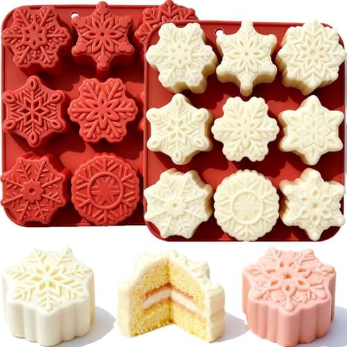2 PCS Snowflake Silicone Mold, 9 Style Christmas Snowflake Chocolate Candy Molds Holiday Siliocne Baking Molds for Dessert Soap Candles Jello Ice Wax Melt, Xmas Party Baking Cake Decor Mold