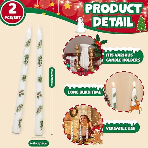 2 Pack Christmas Taper Candles, 10 Inch Unscented Candlesticks with Holly Pattern for Holiday Table Centerpiece, Fireplace Mantel, Advent Wreaths, Winter Weddings, Seasonal Home Decor