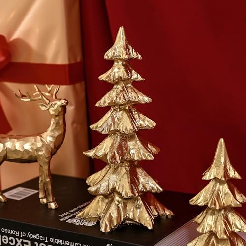 Gold Christmas Tree Figurines, Small Resin Christmas Trees Home Decor, Tabletop Tree Set of 2, Decorative Xmas Trees for Christmas Decorations Indoor Mantle Centerpieces