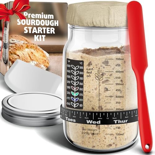 Ultimate Sourdough Starter Jar Kit 31.8 oz - Reusable Jar for Easy Bread Baking - Perfect to Make Your Sour Dough Starter - Easy to Use & Clean - Complete Sourdough Starter Kit - Great Christmas Gift