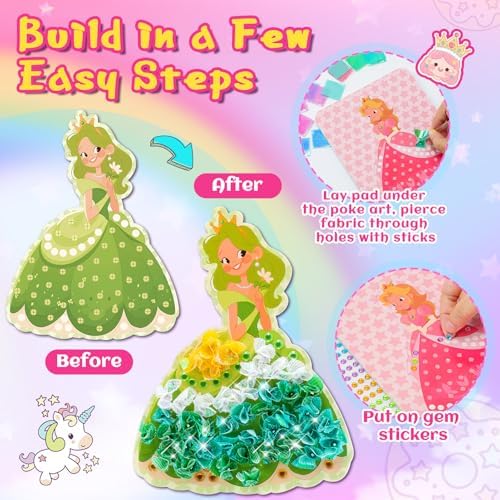 CrispPlay Princess Unicorn Girl Toys, Crafts for Kids Ages 4-8 8-12, 9pcs Poke Art Craft Kits for 4 5 6 7 8 9 Year Old Girls Birthday Christmas Gifts, Pretty Princess Game, Mess Free, Funny
