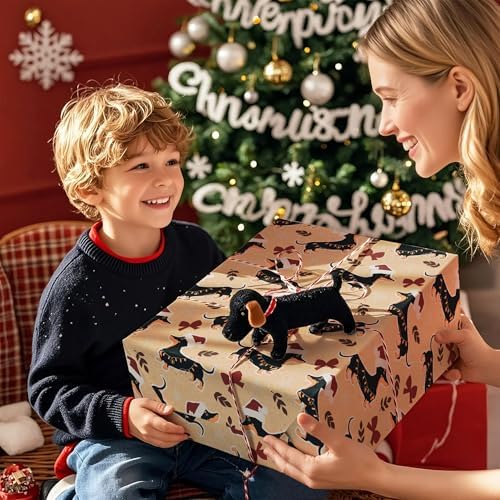 WRAPAHOLIC Kraft Dog Christmas Wrapping Paper - Mini Roll - 17 Inch x 16.5 Feet - Dachshund Dog and Red Bow Wrapping Paper for Christmas, Holiday, Party Celebration