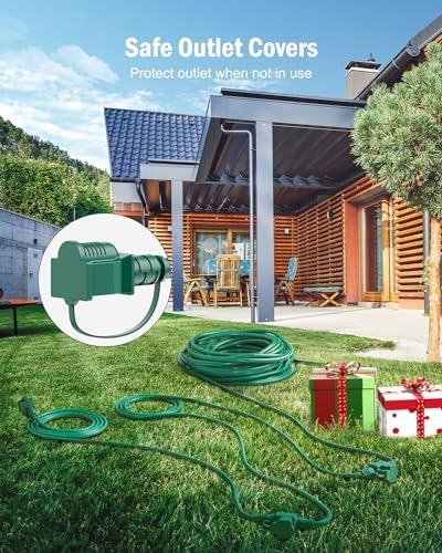 Outdoor Extension Cord Multiple Outlet, 50 Ft Christmas Light Extension Cord Evenly Spaced 6 Outlets Plugs with Safety Cover, 16/3 SJTW Green Extension Cord Outdoor Waterproof