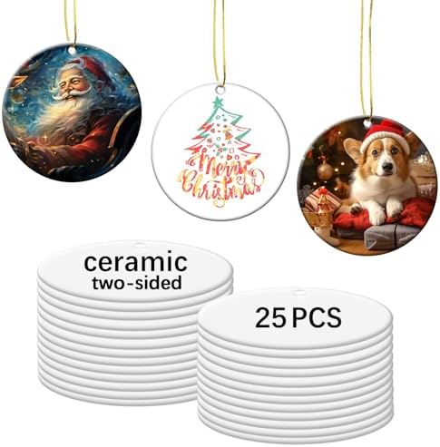 25 PCS Sublimation Ceramic Ornament Blank 3 inch Round Two-Sided Printed White Ceramic Decoration Handmade DIY Personalized Christmas Home Decoration Bulk