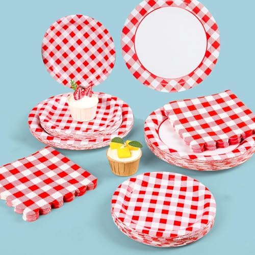 150Pcs Gingham Party Supplies Red Gingham Paper Plates and Napkins Red Plaid Party Plates Disposable Red and White Checkered Plates for Christmas Birthday Family Picnic，Serves 50