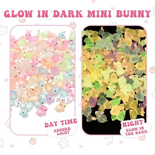140Pcs Mini Resin Luminous Bunnies Glow in Dark Resin Rabbit Figures for Fairy Garden Luminous Mini Portrait Fairy Garden DIY Christmas Party Ornament Accessories Charms Party Favors