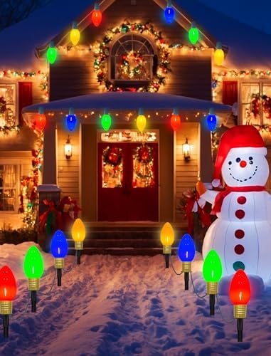 C9 Christmas Pathway Lights Outdoor, 2Pk Total 14Ft Outdoor Christmas Decorations String Light with 8 LED Jumbo C9 Multicolor Light Bulbs Walkway Lights for Lawn Holiday Yard Garden Sidewalk Decor