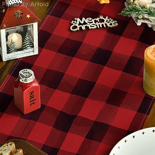 Artoid Mode Red and Black Buffalo Plaid Merry Christmas Tree Table Runner, Seasonal Truck Gifts Kitchen Dining Table Decoration for Outdoor Home Party 13x72 Inch