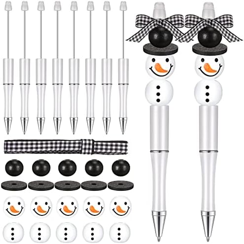 Beadable Pens Bulk Winter Bead Pens and Snowmen Wooden Beads Buffalo Plaid Ribbon Snowman Ballpoint Pens Plastic Black Ink Pen Winter Gifts for Christmas Kids Students School Office Supplies (51 Pcs)