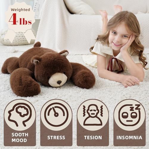 Weighted Bear Stuffed Animal Brown Bear Plush Toy 24 Inch 4 Pound Soft Fur Long Arms Hugging Toy Cozy Gift for Kids Adults Christmas and Birthdays