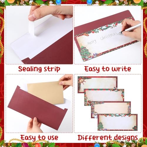 Zhanmai 60 Christmas Envelopes #10 Holiday Xmas Self Adhesive Envelopes for Mailing, Office, Business, Wedding, Birthday, Party, Gift Supplies, 4.13 x 9.53 Inch