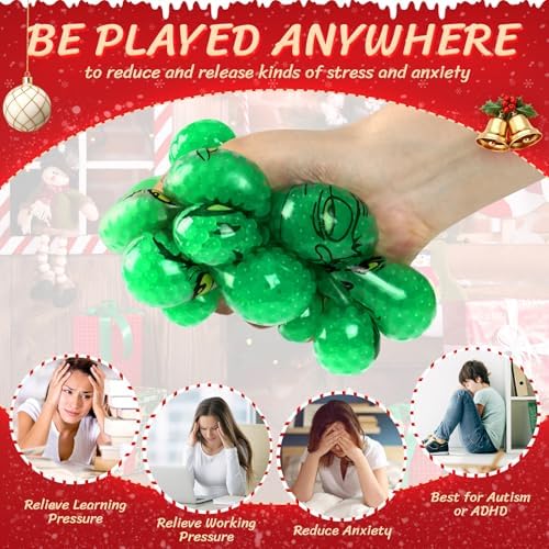 12Pcs Christmas Stress Balls,Christmas Green Monster Squishy Toy for Adults,Squishy Squeeze Relief Balls Bulk Fidget Toys,Christmas Stocking Stuffer Party Favors