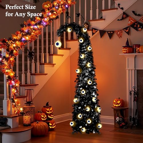 MACTING Whimsical Halloween Tree with Eyeball String Lights 5FT Black Pop Up Christmas Tree with 30 Eyeball Lights Collapsible Tinsel Pencil Curved Tree for Apartment Porch Indoor Outdoor Xmas Decor