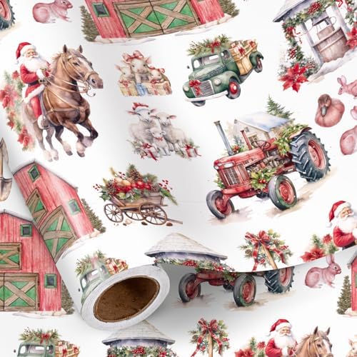 RUSPEPA Christmas Farm Wrapping Paper Roll, Mini Roll, Santa on Horse, Tractor, Red Barn, Farm Animalsand Christmas Decorations, Rustic Gift Wrap for Holiday, Country Party,17 Inches x 16.4 Feet