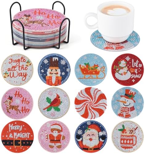 Diamond Art Christmas Coasters 12 Pcs Christmas Diamond Painting Kits,5D DIY Art Painting Coasters Supplies for Beginners Kids,Christmas Crafts for Adults Anti-Slip Diamond dotz with Holder