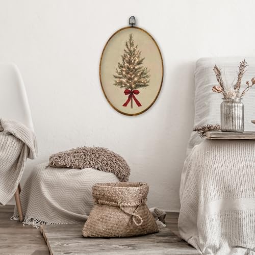 XPH Vintage Christmas Tree Oval Wall Art Framed, Rustic Coquette Red Bow Tree Oval Wall Decor, Farmhouse Cozy Christmas Hanging Canvas Prints for Home Bedroom Living Room Decoration, 8.6x11.4 Inch