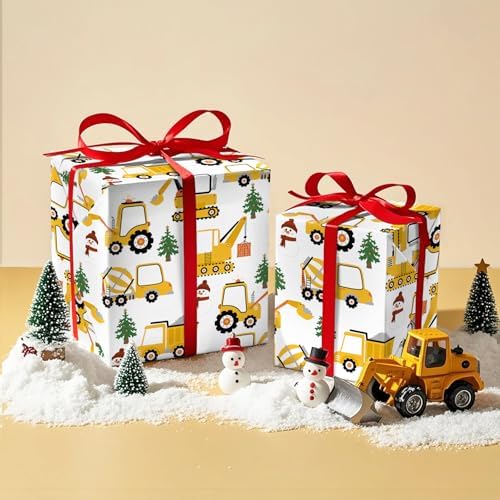 WRAPAHOLIC Cars Christmas Wrapping Paper - Mini Roll - 17 Inch x 16.5 Feet - Yellow Digger Construction Wrapping Paper for Christmas Holiday, Party Celebration