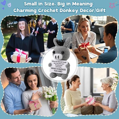 Funny Positive Badass Donkey Crochet Plush, Christmas Stocking Stuffer Motivational Gift for Coworkers, Best Friends – Emotional Uplifting Support Small Cute Crochet Stuffed Animals for Women Men