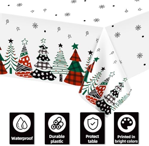 3 Pack Christmas Tablecloth, Disposable Plastic Xmas Table Cover 54 x 108 Inch Rectangular, Buffalo Plaid Table Cloth, Party Supplies for Holiday