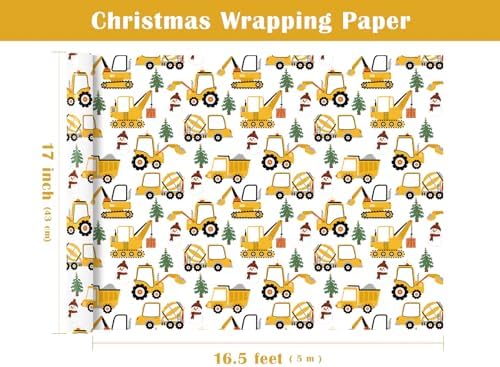 WRAPAHOLIC Cars Christmas Wrapping Paper - Mini Roll - 17 Inch x 16.5 Feet - Yellow Digger Construction Wrapping Paper for Christmas Holiday, Party Celebration