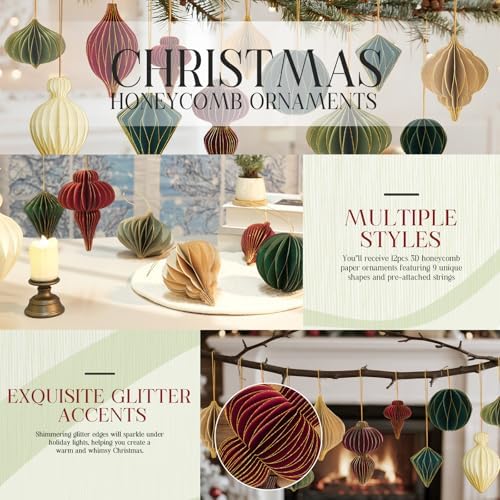 12Pcs Christmas Paper Honeycomb Ornaments for Tree, 3D Glitter Edge Paper Honeycomb Lanterns Foldable Neutral Hanging Decorations for Xmas Tree New Year Holiday Party Home Decor, Red Green Beige