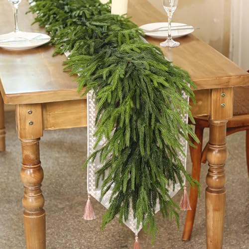 9FT Real Touch Norfolk Pine Garland - Artificial Christmas Garland Fake Green Faux Pine Needles Garland for Table Fireplace Mantle Holiday Home Indoor Outdoor Decor (1PCS)