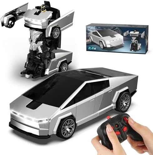 Transform RC Cyber Pickup Truck Cars Robot Toy for Kids, 2.4GHz Remote Control Car with One-Button Deformation 360° Rotation LED Lights Christmas Birthday Gifts for Boys Age 4-7-8-12（1:18 Scale ）