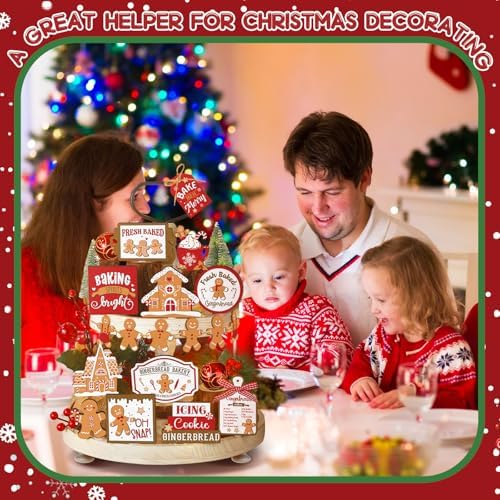 17 Pcs Christmas Tiered Tray Decor Set Winter Tiered Tray Decorations Farmhouse Tabletop Centerpiece Christmas Wooden 3D Sign for Xmas Home Buffalo Plaid Rustic Table Decoration(Gingerbread)