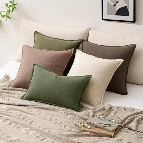 Woaboy 26x26 Inch Set of 2 Euro Sham Decorative Linen Solid Throw Pillow Covers Boho Accent Farmhouse Pillowcases Modern Netural Christmas Home Decor for Bed Couch Sofa Living Room,Olive Green