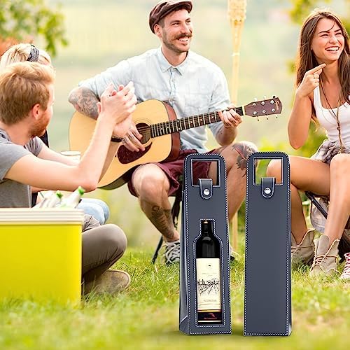 Wine Tote Carrier, Reusable Leather Single Bottle Champagne, Beer Gift Bags for Birthday, Wedding, Picnic Party, Christmas - Blue