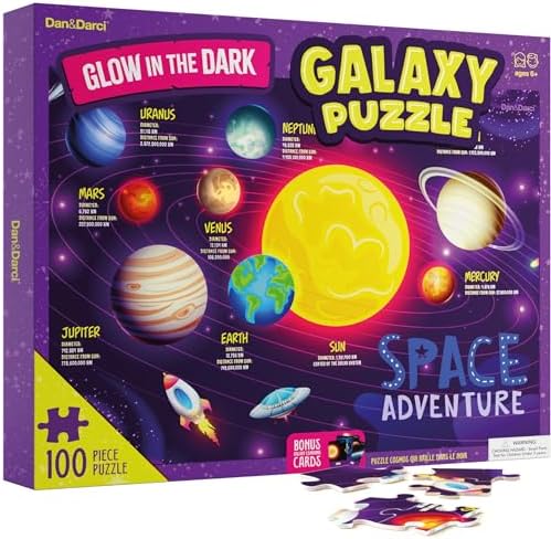 Dan&Darci Glow in The Dark 100 Piece Galaxy Puzzle for Kids - Space Jigsaw Puzzles Toys for Boys & Girls Ages 6-8 - Christmas Birthday Gifts for Age 6 7 8 Year Old Toddler Boy Girl Gift - Planet Toy