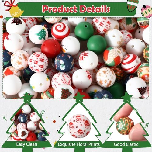 120 Pcs 15mm Silicone Beads Bulk Silicone Beads Print Rubber DIY Bracelet Making Kit for Keychain Making Pens Necklace Jewelry (Christmas)