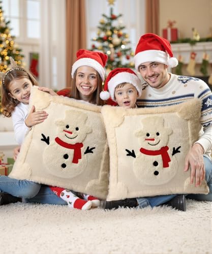 Christmas Pillow Covers 18x18 Set of 2 Decorative Soft Plush Faux Rabbit Fur Christmas Snowman Pillow Covers Beige 3D Embroidered Couch Cover Sofa Bedroom Living Room Holiday Winter Home Decor