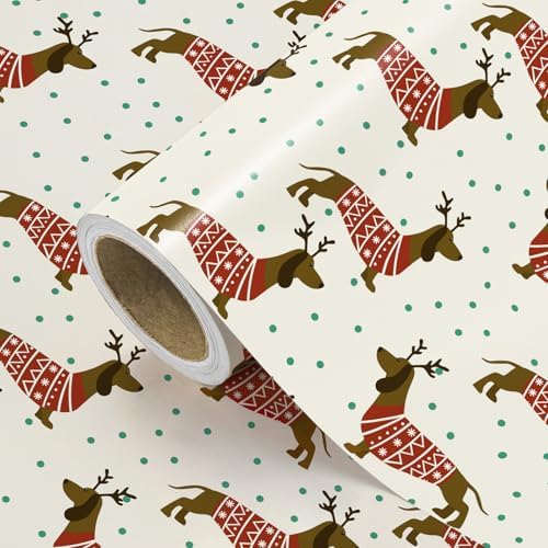 WRAPAHOLIC Dog Christmas Wrapping Paper - Mini Roll - 17 Inch x 16.5 Feet - Chritsmas Dachshund Dog Wrapping Paper for Xmas Holiday, Party Celebration
