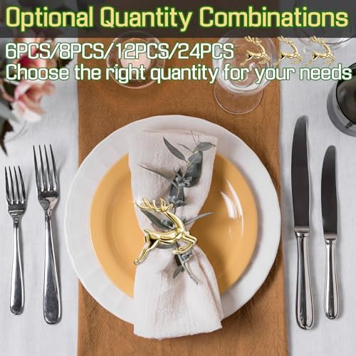 ZeeDix Gold Reindeer Christmas Napkin Rings Set of 6, Napkin Holder Ring for Christmas Dinner Table Decor Cloth Napkins, Wedding Receptions, Holiday Party, Banquet and Home Kitchen