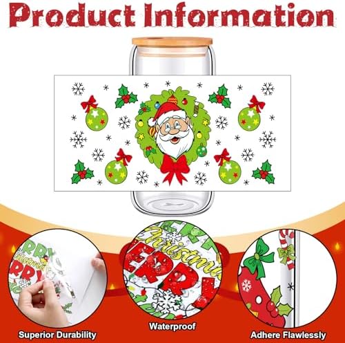 18 Sheets Christmas UV DTF Cup Wraps Transfer Sticker for Glass Lime Green Christmas Rub on Transfers Tumbler Sticker Santa Xmas Tree Waterproof Decals for DIY Craft Gift Festival Decoration