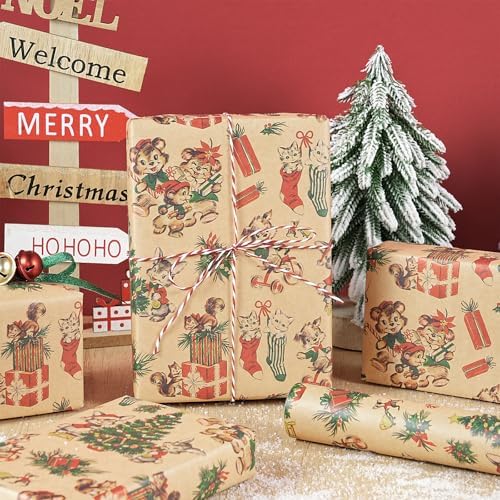 RUSPEPA Kraft Christmas Wrapping Paper Roll, Mini Roll, Vintage Animals Like Cat and Squirrel with Santa Hats, Tree, Stockings & Gifts, Kraft Gift Wrap for Boys, Girls, Holiday, 17 Inches x 16.4 Feet