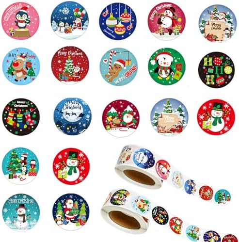 1000 Pcs Christmas Stickers Roll - 1 Inch Self Adhesive Envelope & Round Stickers for Xmas Party Supplies, Holiday Greetings