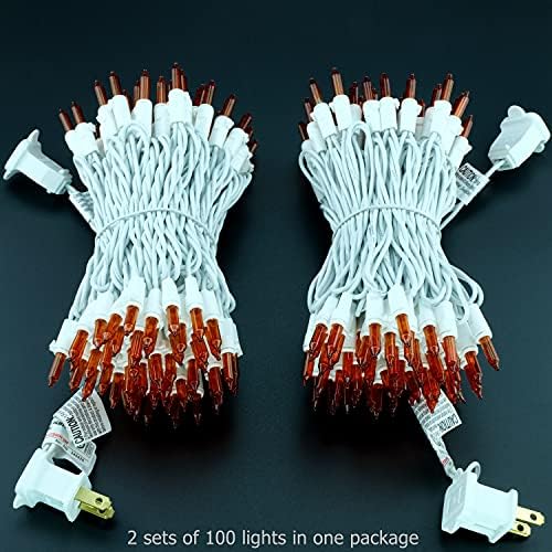 YULETIME 200 Orange Christmas Lights, Pack of 2 Sets 33 Feet 100 Count UL Certified Incandescent String Lights (Orange - White Wire)