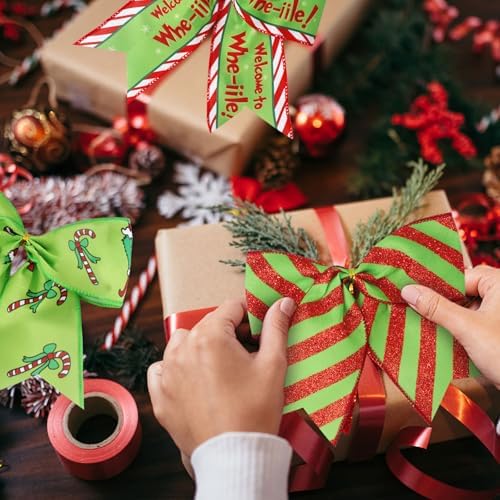 12 Pcs Red Green Christmas Bows,6 Inch Large Wreaths Bows for Tree Gift Wrapping Garland,Christmas Decoration Holiday Party Crafts Xmas Tree Ribbon Ornaments (Pattern)
