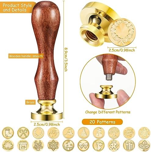 Xuniea 12 Pieces Christmas Halloween Wax Seal Stamp Set Seal Wax Stamps with Wooden Handle, Melting Spoon, Metallic Pen for Vintage Stamp Decoration (Classic Style)