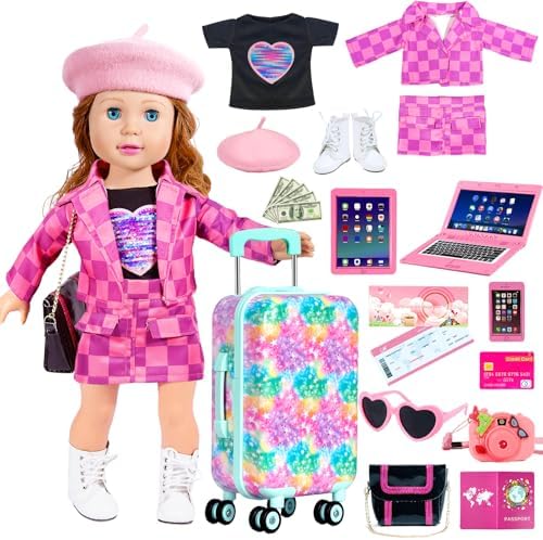 ARTST 18 inch Doll Clothes Accessories Girl Suitcase Luggage Travel Set-Doll Clothing Hat Handbag Sunglasses Camera Computer Passport Cell Phone for Christmas Birthday(NO Doll)