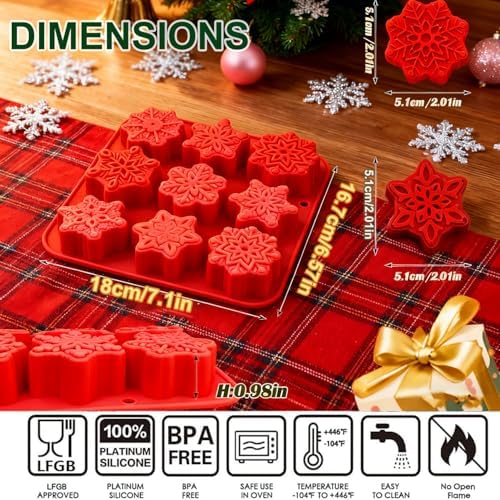 2 PCS Snowflake Silicone Mold, 9 Style Christmas Snowflake Chocolate Candy Molds Holiday Siliocne Baking Molds for Dessert Soap Candles Jello Ice Wax Melt, Xmas Party Baking Cake Decor Mold